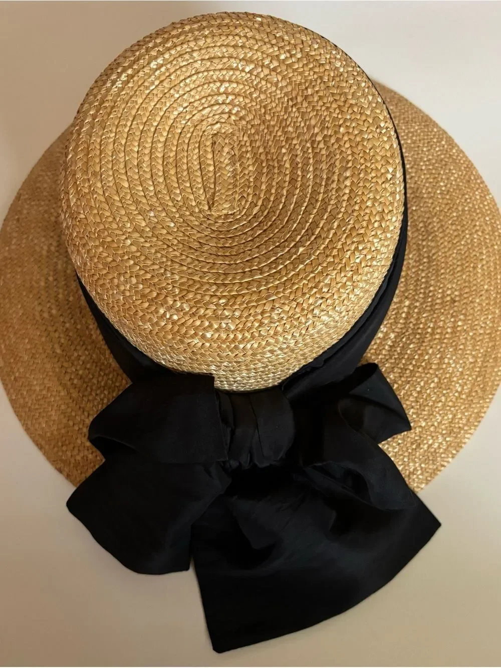 Vintage Giovannio Classic Straw Boater Hat ~ Dupioni Silk Ribbon Bow